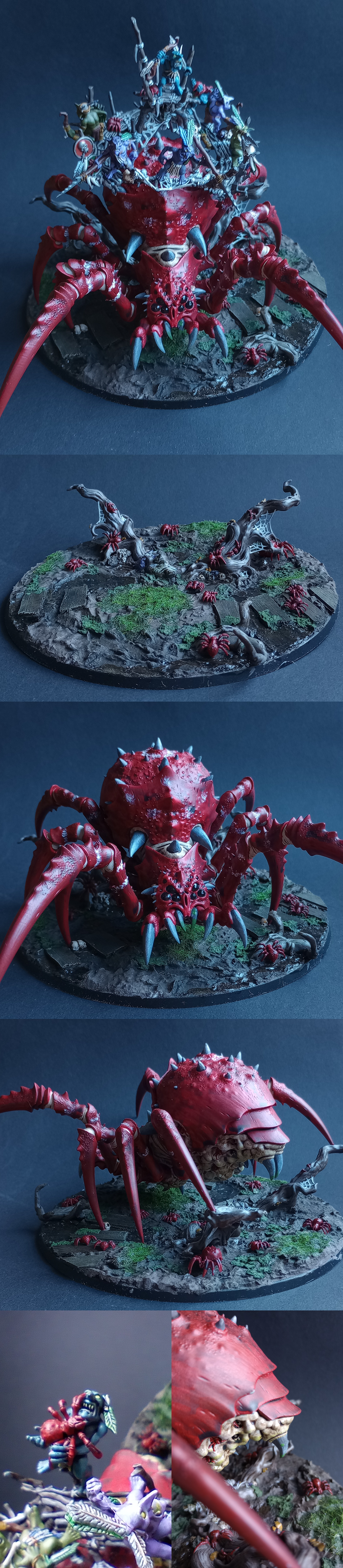 A big monster spider with a party of goblins riding on it's back.