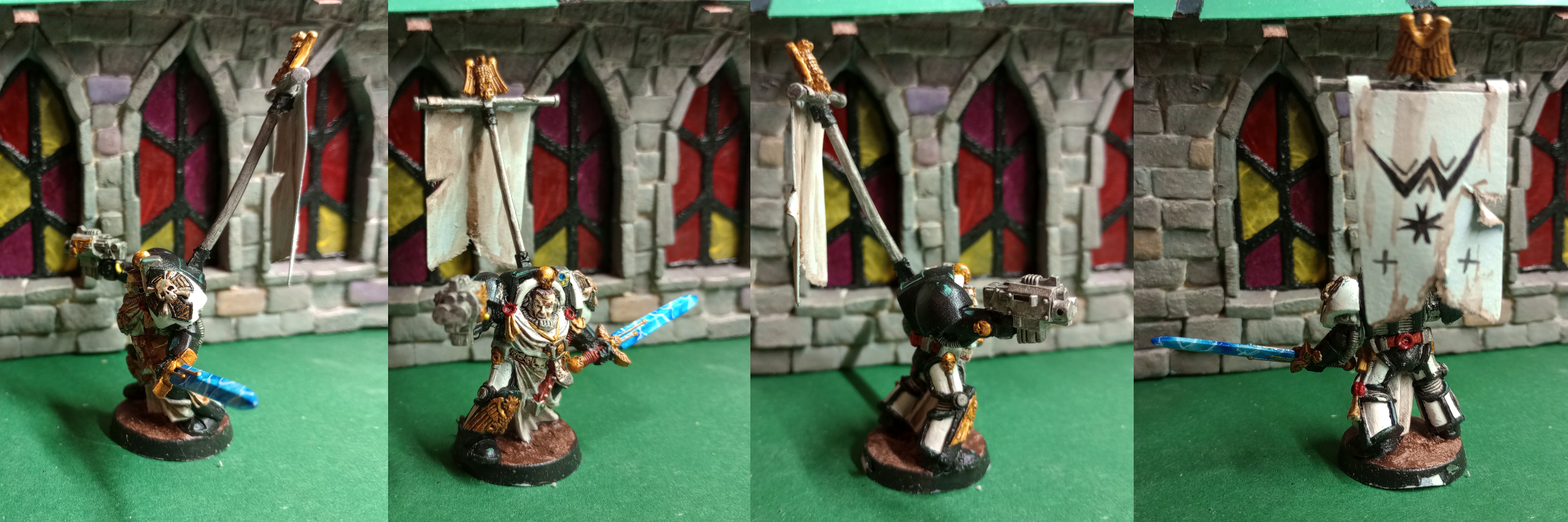 A Black Templar Terminator figurine from Warhammer 40k standing in front of a church.