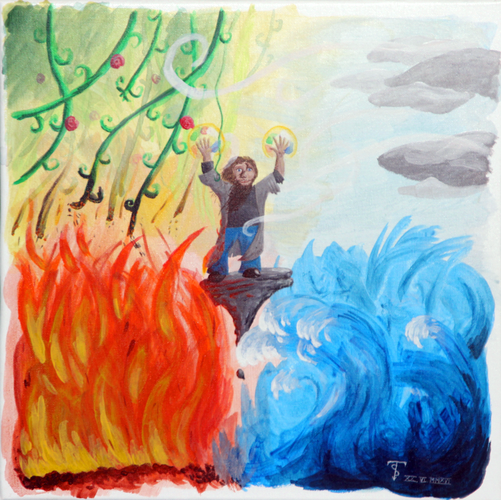 a dwarf casting magic, surrounded by the elements of earth, air, fire and water