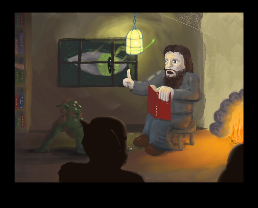 a dwarf sitting by a cozy fireplace reading a story to goblins and monsters