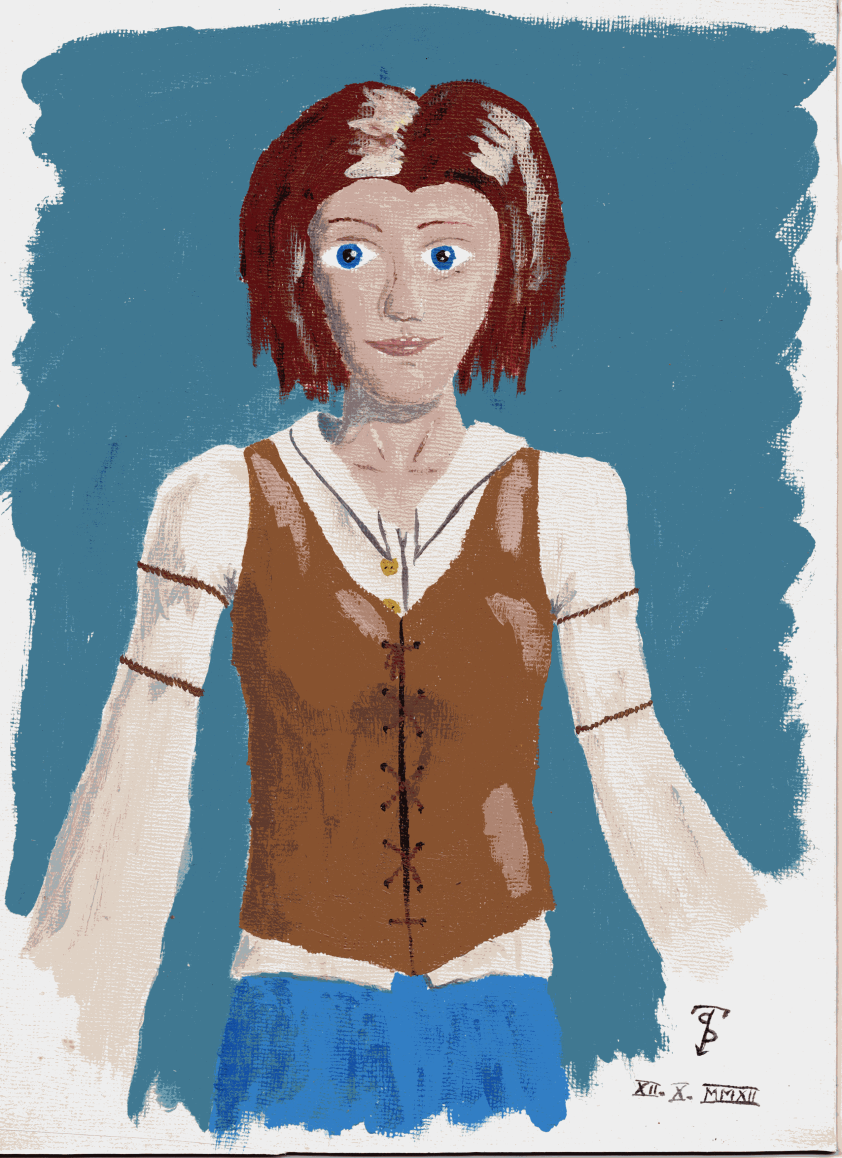 A woman with red hair and blue eyes in old timey dress.