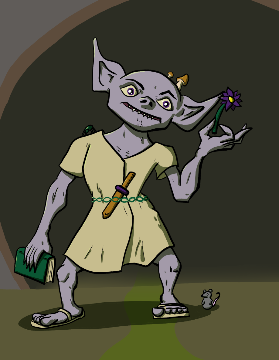 A robed goblin, holding a book and a flower.