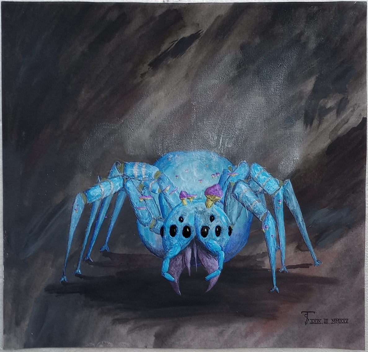 Acrylic painting of a giant blue spider with mushrooms growing on it's body.