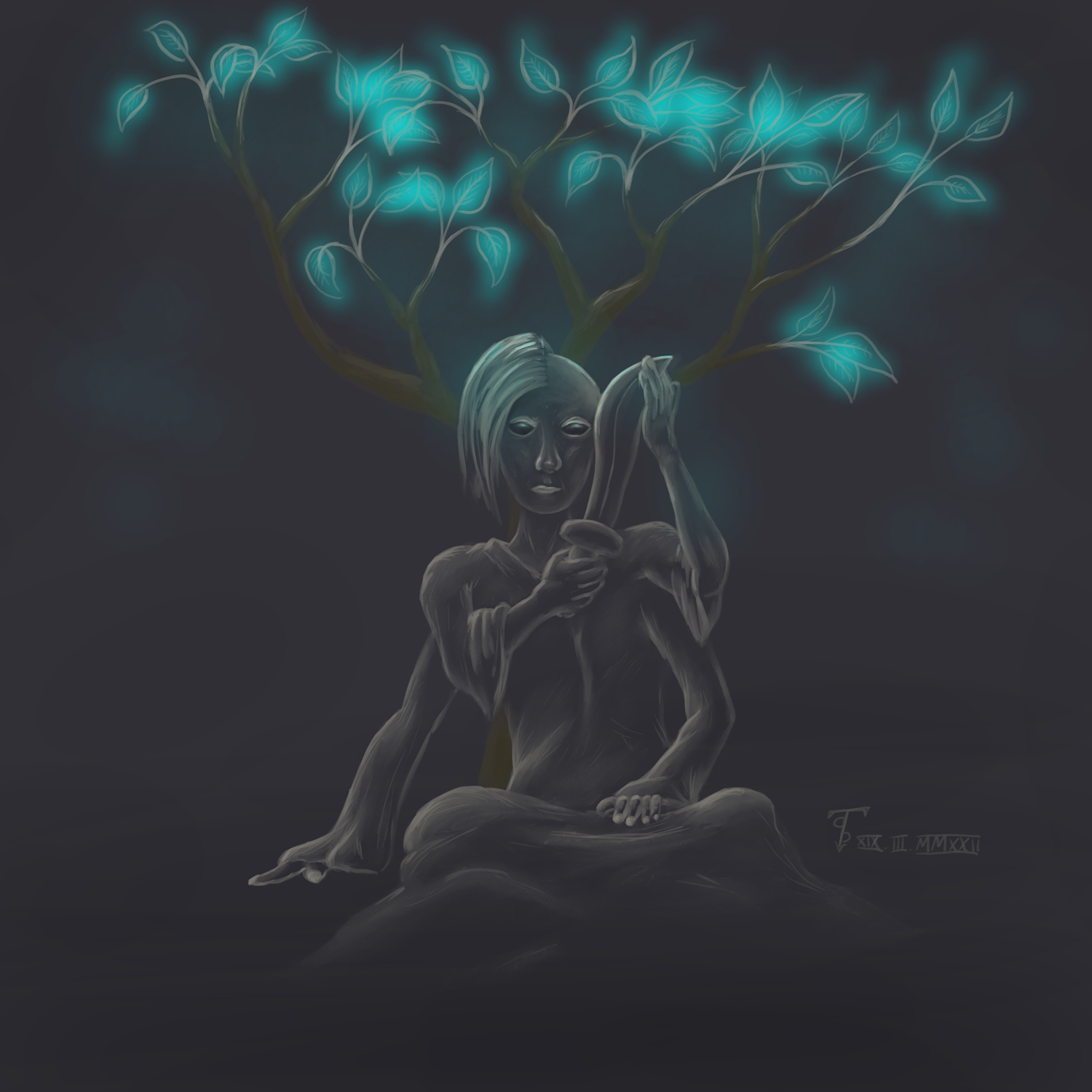 A woman with four arms and a machete, sitting in front of a tree with growing blue leaves