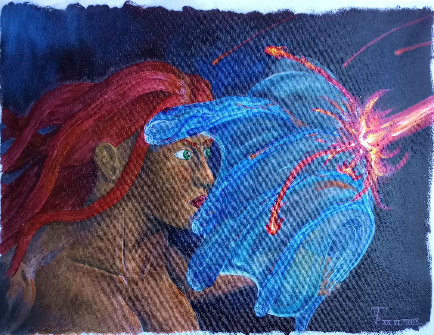 Acrylic painting of a red haired woman stopping a fire bolt with a magic water shield.
