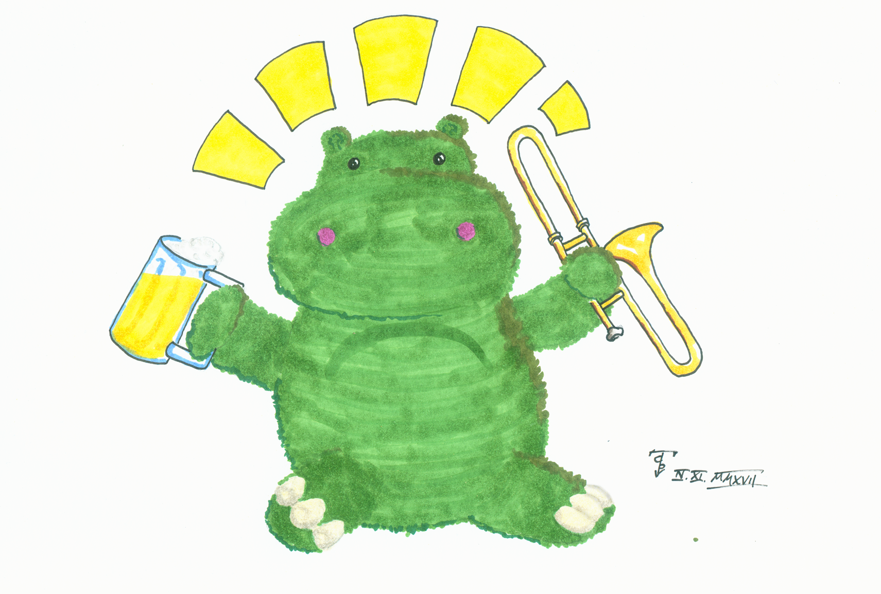 a goofy green hippo holding a trombone and a beer