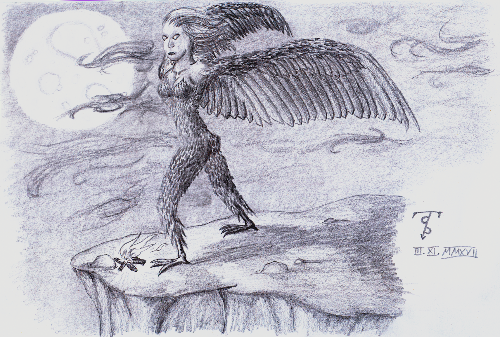 a harpy on a cliff in front of the moon