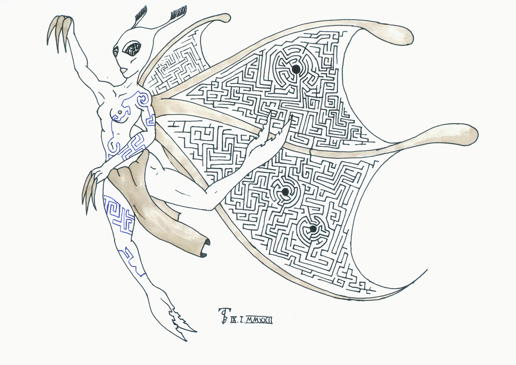 A fairy with a maze on her wing and maze inspired tatoo on her body