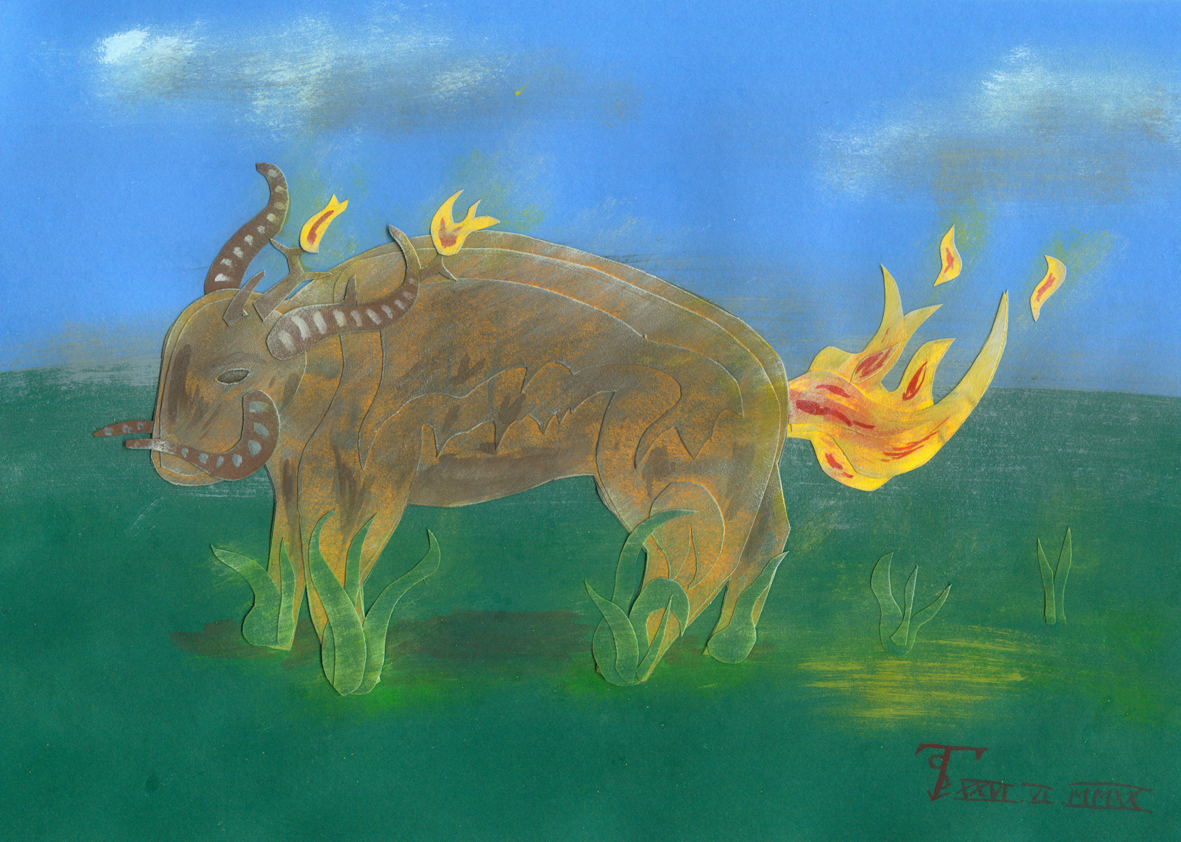 a beast of with many horns, producting fire and vines