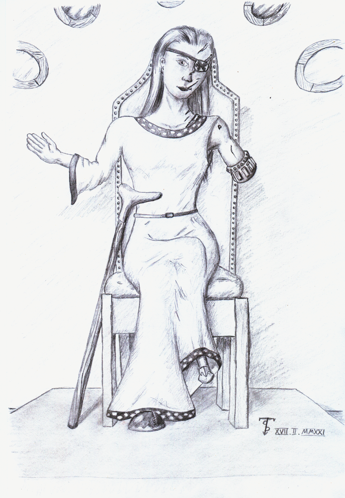 A woman with black hair and a light dress sitting on a throne. Her left eye, left lower arm and right lower leg is missing, the left side of her face is scarred. Her wounds are well cared for and she looks content.