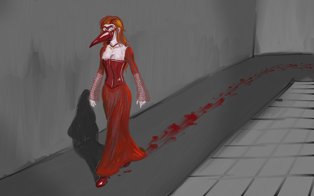 A redheaded women in a red dress walking down a hall, leaving a trail of blood
