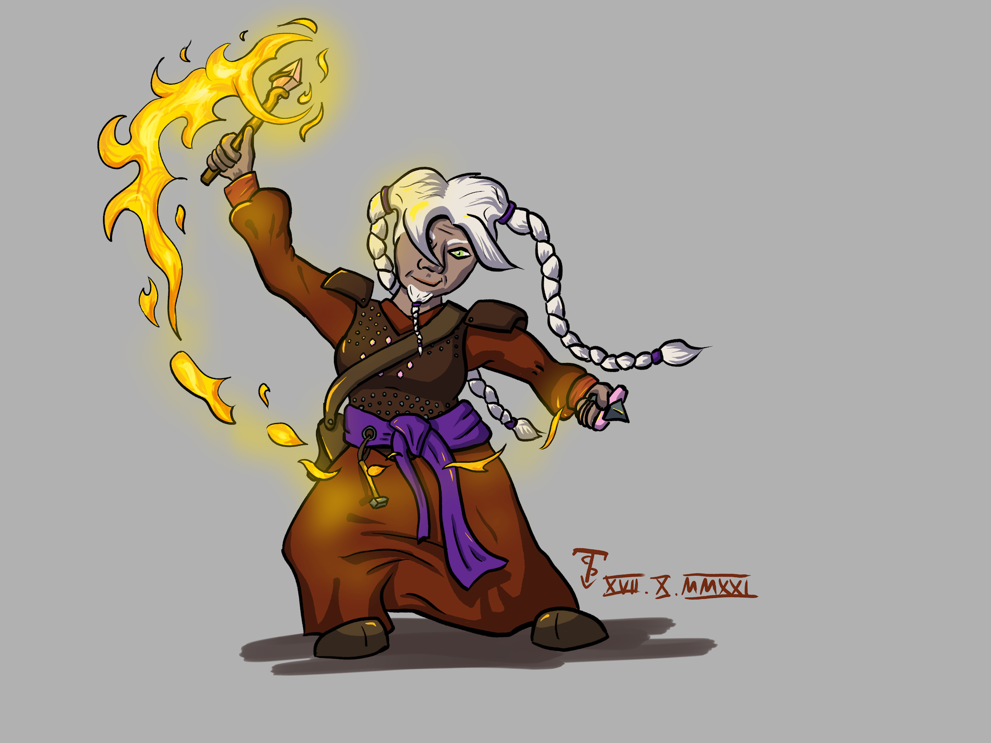 A female dwarf in robes with a mage's staff and a tiny hammer on her belt. She is casting a fire spell.