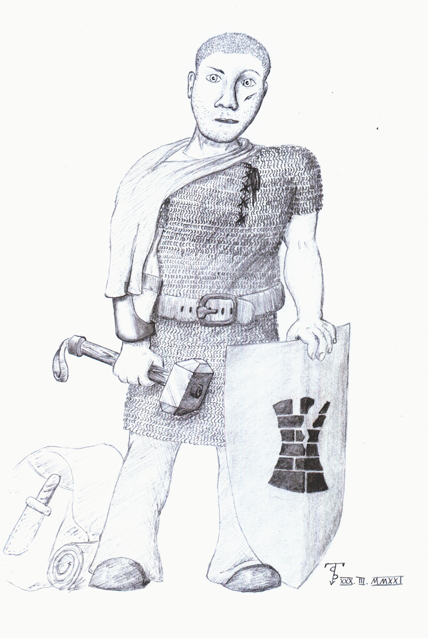 A young man with a hammer and a shield. He looks rather grim.