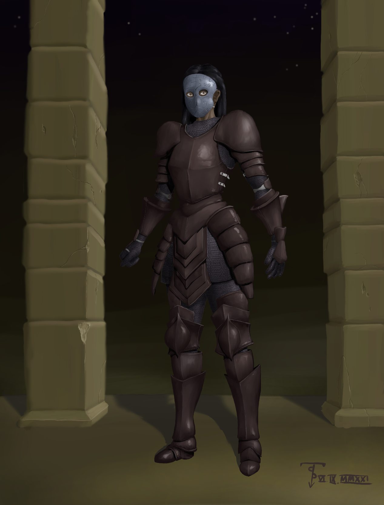 A woman in dark gothic plate armor and a silver mask is standing in front of a dark desert.