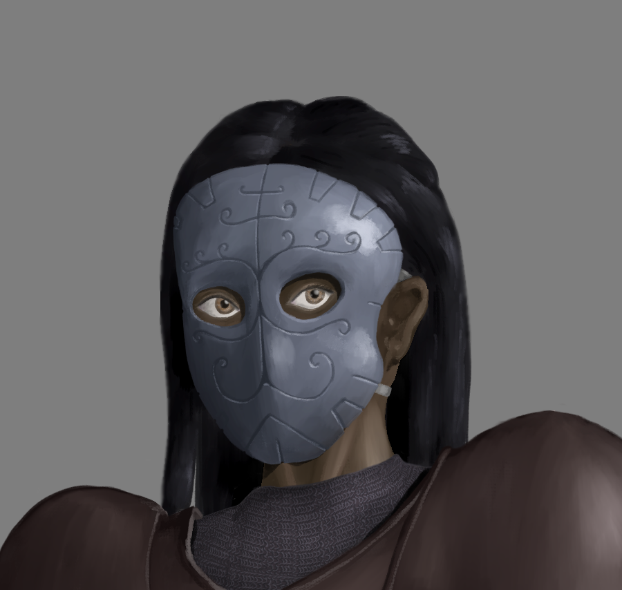 A headshot of a woman wearing armor and a silver mask with a stylized cat face.