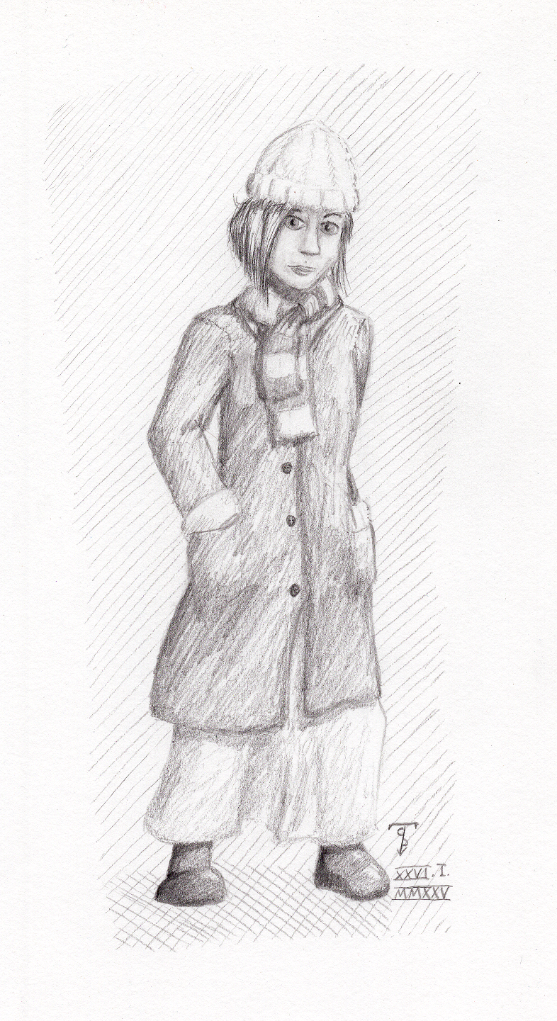 A pencil drawing of a woman in winter clothes.