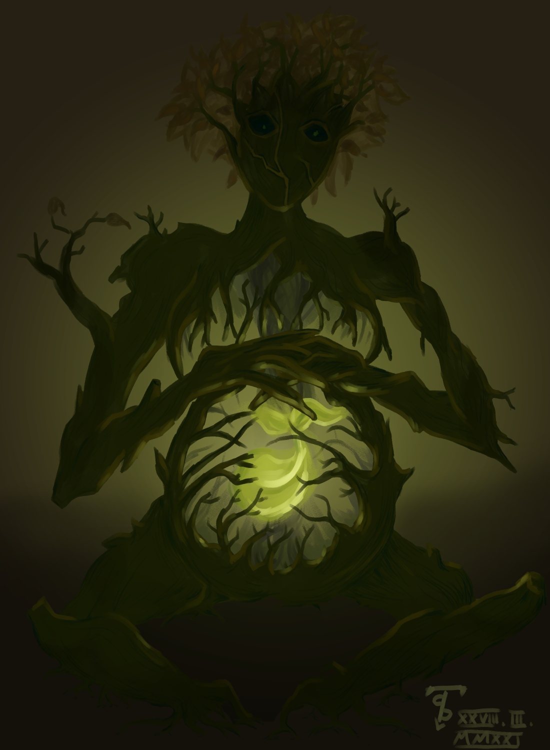 A dryad sitting in the dark, the sole light shining from the sapling in her belly.