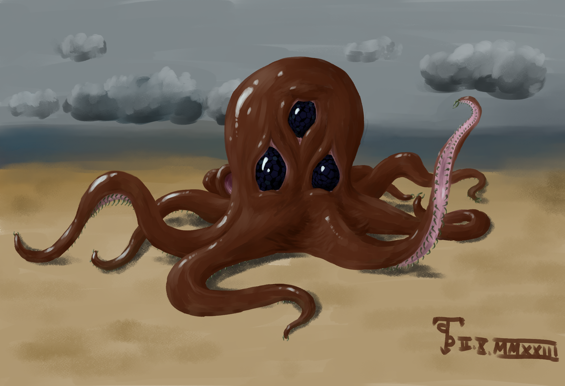 An octopus with three eyes on a beach.