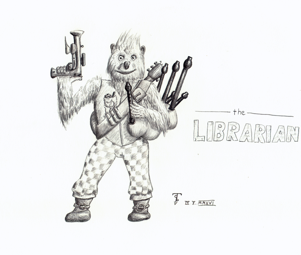 hairy guy carrying various contraptions, musical instruments and a gun
