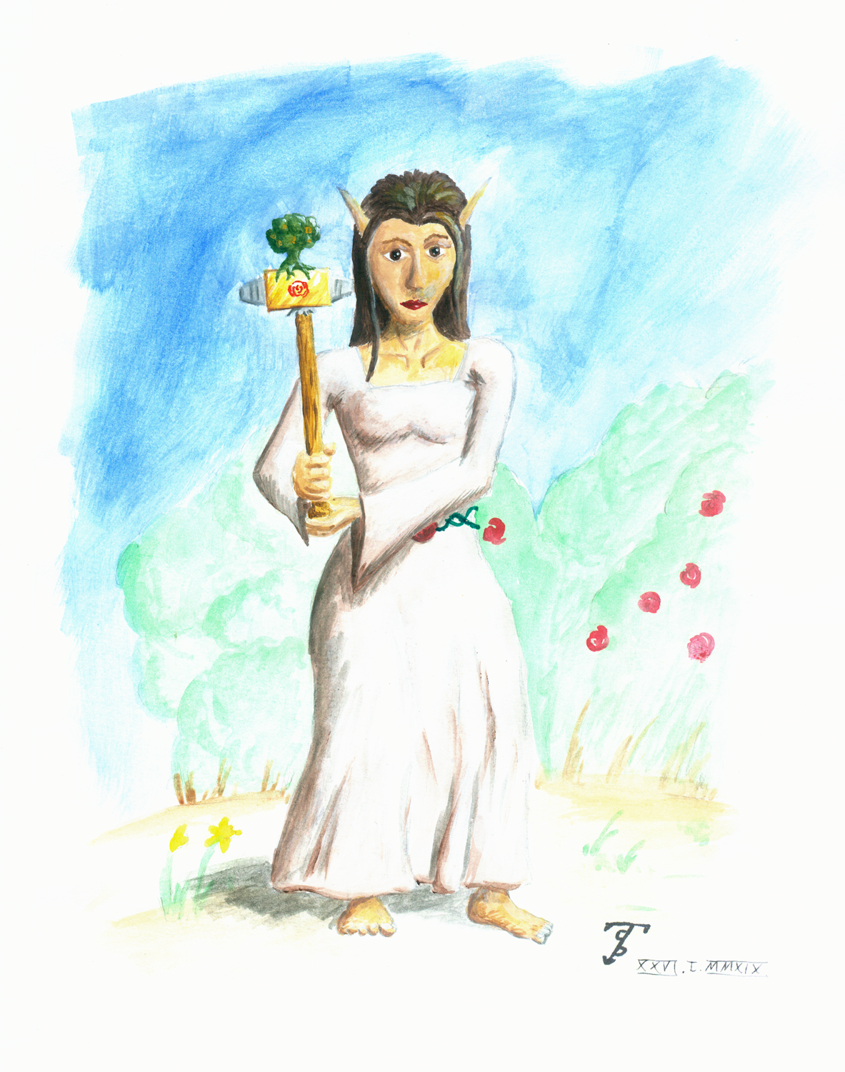an elven women with an ornate ceremonial hammer