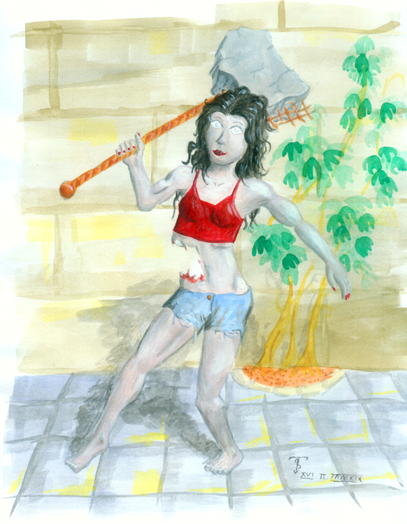 a women with a chunk of concrete on rebar as a hammer