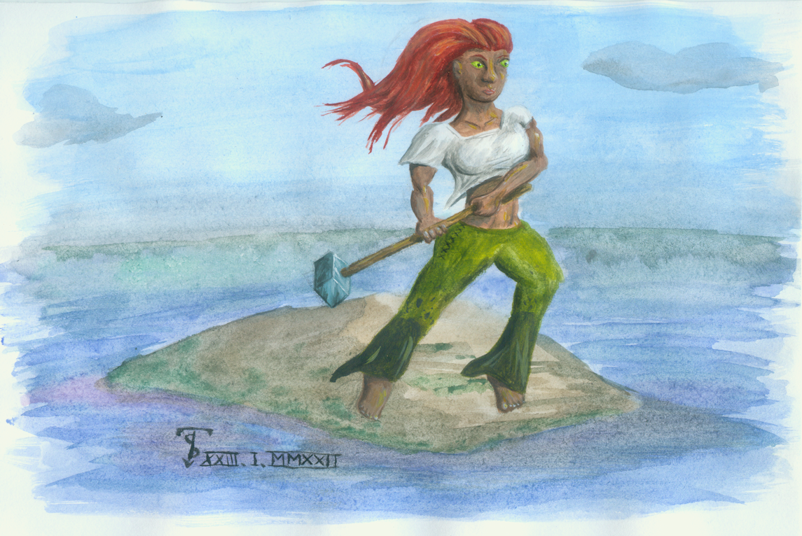 A small, muscular woman with reed hair and a big hammer jumps off a little rock in the ocean