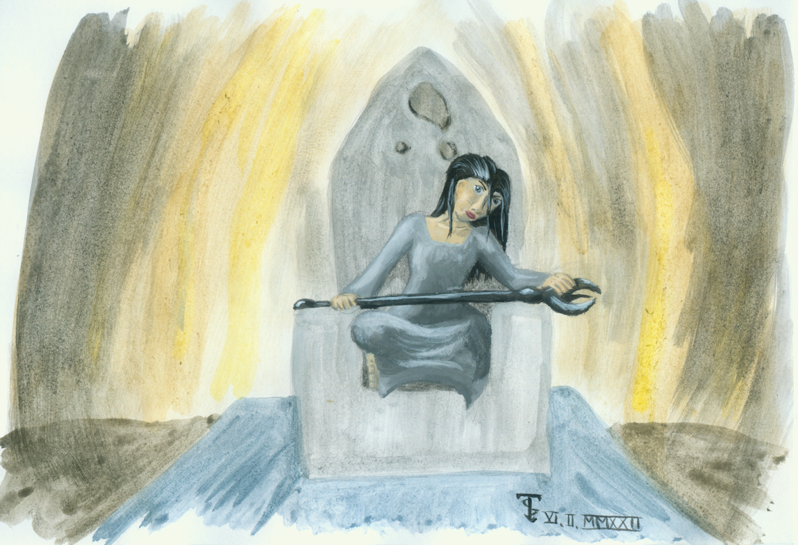 A woman in a grey dress sitting crosslegged on a throne with a large mace across her lap.